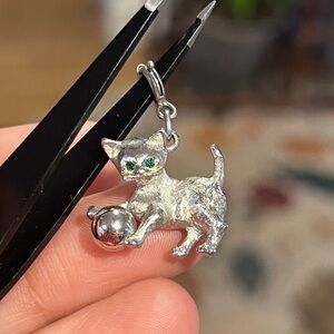 Monet Vintage Silver Tone Cat Charm Holding Ball and Green Rhinestone Eyes